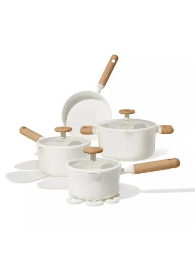 CAROTE Carote 11-Piece Ceramic Nonstick Cookware Set, PFAS-Free Healthy Cooking Set, Dual-size Silicone Strainer Lids, Full-Spray Even-Heat Base, All Kitchen Stovetop Compatible, Dishwasher Safe (Cream)